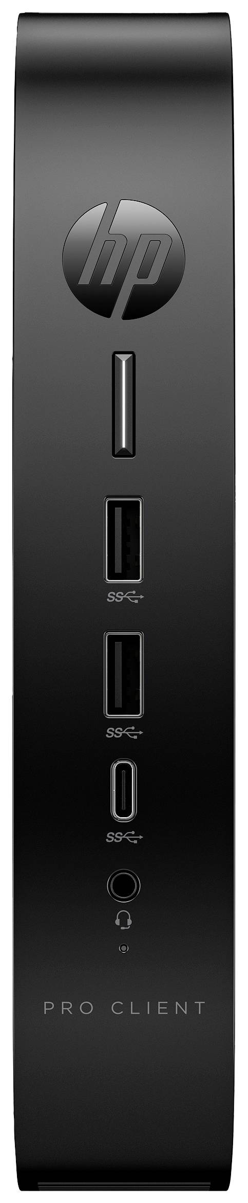 Ein schwarzer, schlanker Mini-PC von HP mit dem Schriftzug 'Pro Client'. Auf der Vorderseite befinden sich mehrere Anschlüsse: zwei USB-Anschlüsse, ein Kopfhöreranschluss und ein Display-Port.