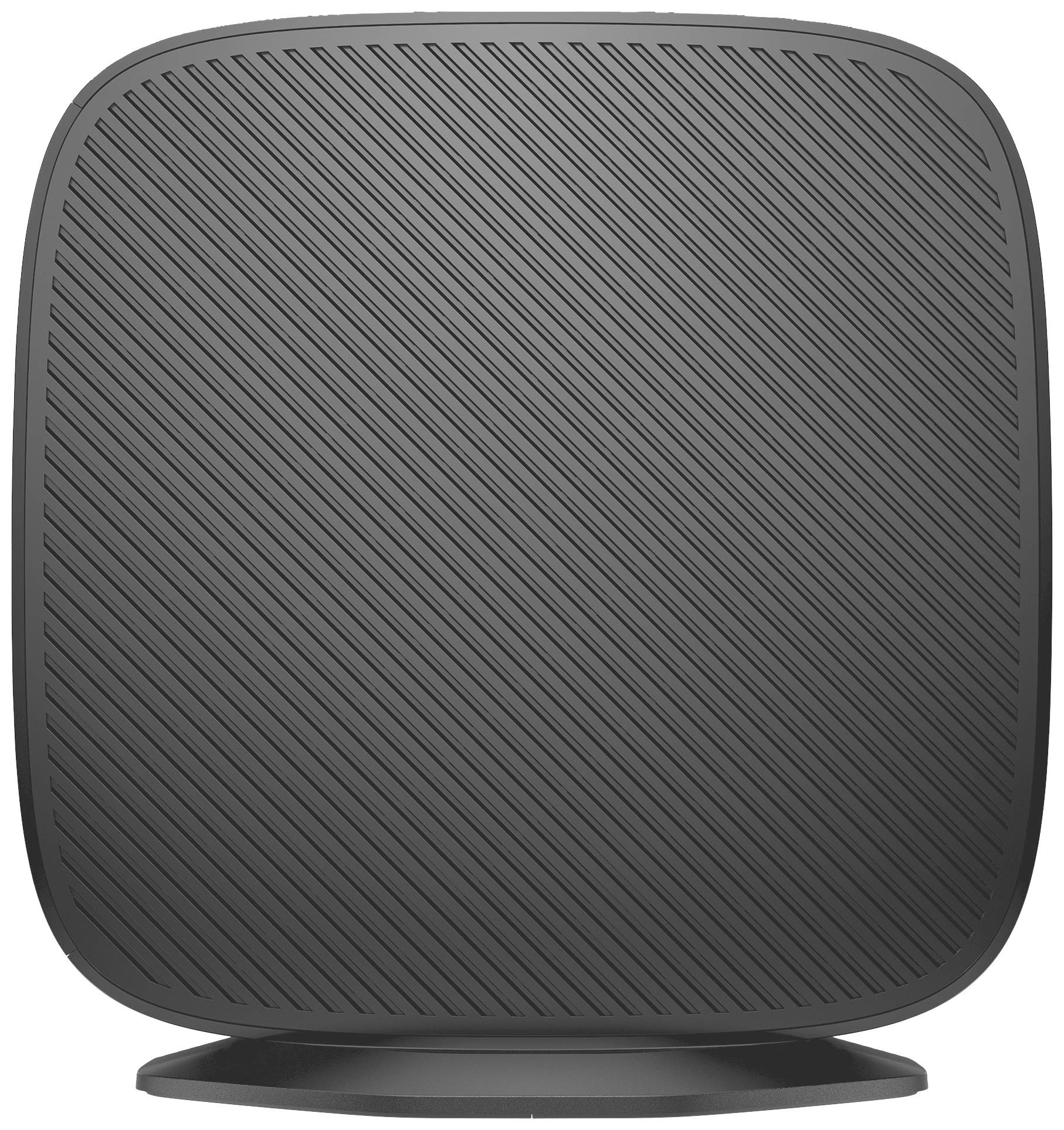 Ein schwarzes, rechteckiges, geripptes Objekt mit abgerundeten Ecken, das auf einem flachen Sockel steht.