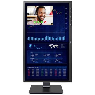 Ein stehender Bildschirm zeigt ein Videoanruf-Fenster mit einer Person, umgeben von Finanzdaten, Diagrammen und einer Weltkarte.