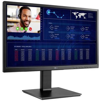 Ein Computerbildschirm zeigt ein Dashboard mit einer Weltkarte, Finanzdaten und einem Videotelefongespräch mit einer Person im Fokus.