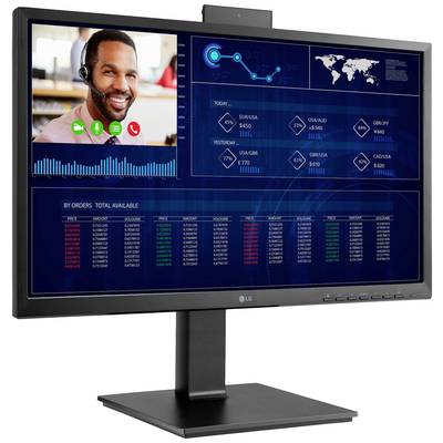 Ein Computerbildschirm zeigt ein Videogespräch mit einer Person links oben und eine Weltkarte mit Finanzdaten und Diagrammen rechts.