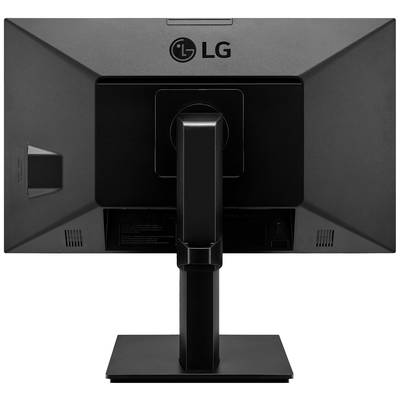 Ein schwarzer LG-Monitor von hinten, zeigt den Standfuß und die Anschlussmöglichkeiten auf der Rückseite des Bildschirms.
