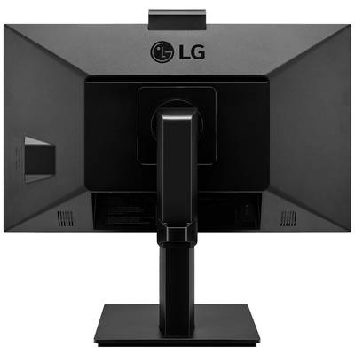 Ein schwarzer Computermonitor von hinten mit dem Schriftzug 'LG' auf der Rückseite. Der Monitor steht auf einem rechteckigen Standfuß.
