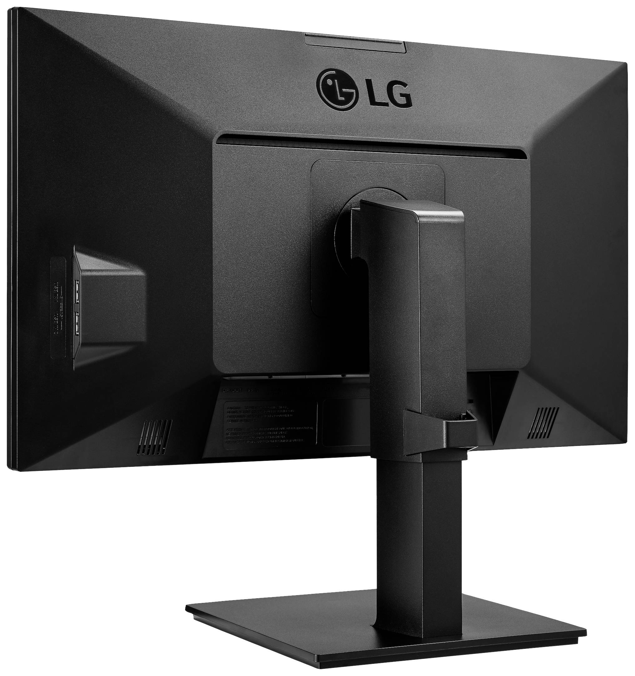 Ein schwarzer Computerbildschirm von hinten gezeigt, mit einem stabilen Standfuß. Oben das LG-Logo.