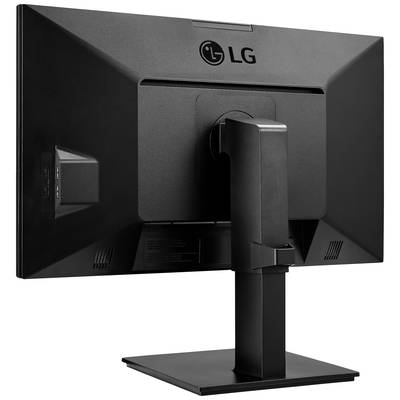 Ein schwarzer Computerbildschirm von hinten gezeigt, mit einem stabilen Standfuß. Oben das LG-Logo.
