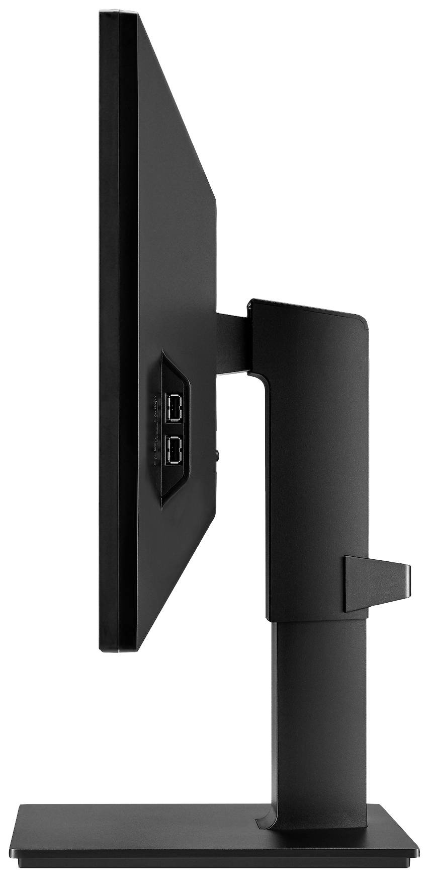 Schwarzer Computermonitor im Profil mit verstellbarem Standfuß und seitlich zugänglichen Anschlüssen.