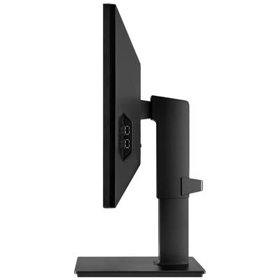 Schwarzer Computermonitor im Profil mit verstellbarem Standfuß und seitlich zugänglichen Anschlüssen.