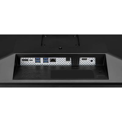 'Rückseite eines Monitors mit Anschlüssen: HDMI, DisplayPort, drei USB, Ethernet und Stromanschluss.'