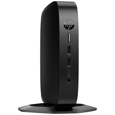 Schwarzer, vertikal stehender Thin Client mit mehreren USB-Anschlüssen an der Vorderseite und HP-Logo oben.