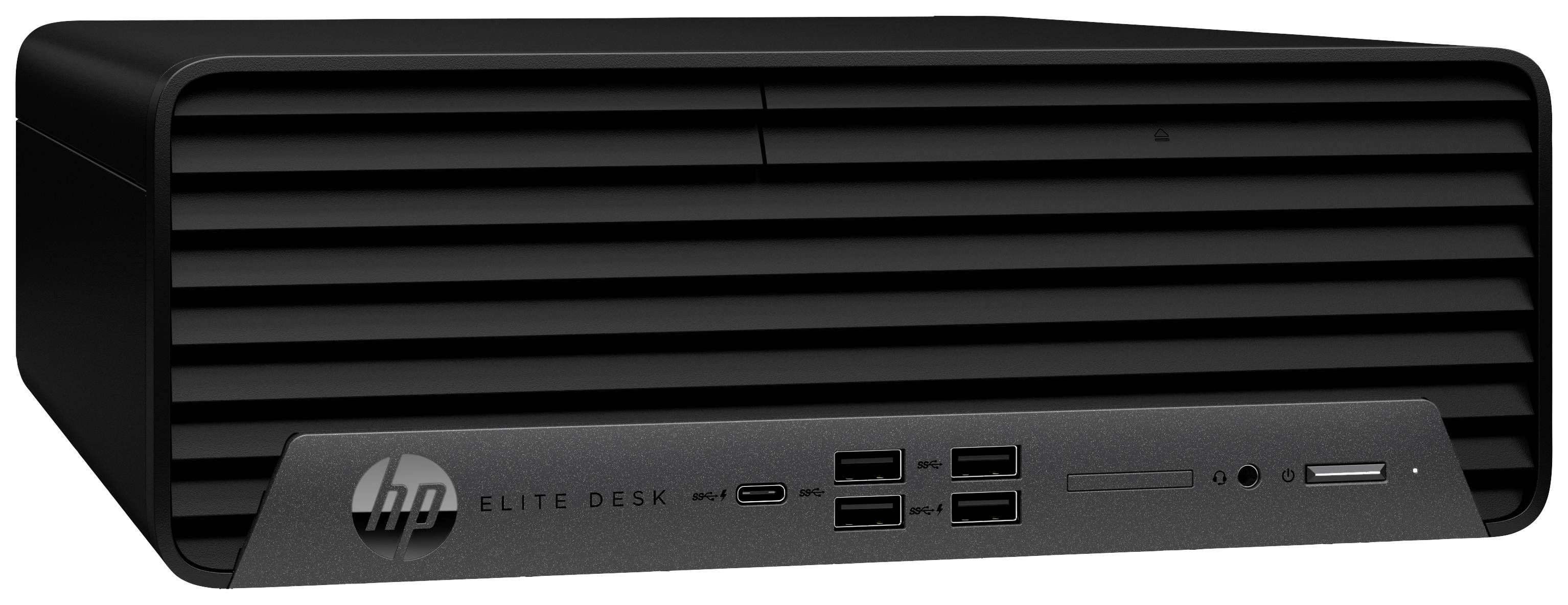 Ein schwarzer Desktop-Computer mit mehreren USB-Anschlüssen an der Vorderseite. Markenlogo links unten auf der Front.