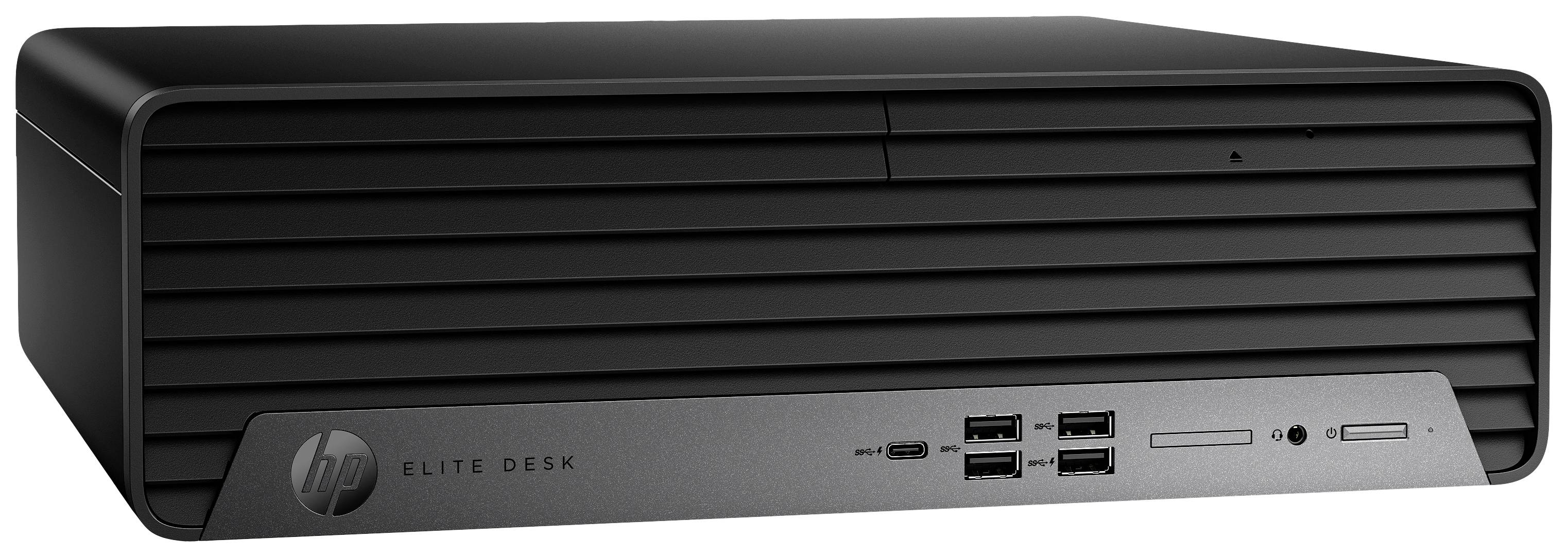 Ein schwarzer HP EliteDesk-Desktop-PC mit mehreren USB-Anschlüssen an der Vorderseite, liegt horizontal auf einer weißen Fläche.
