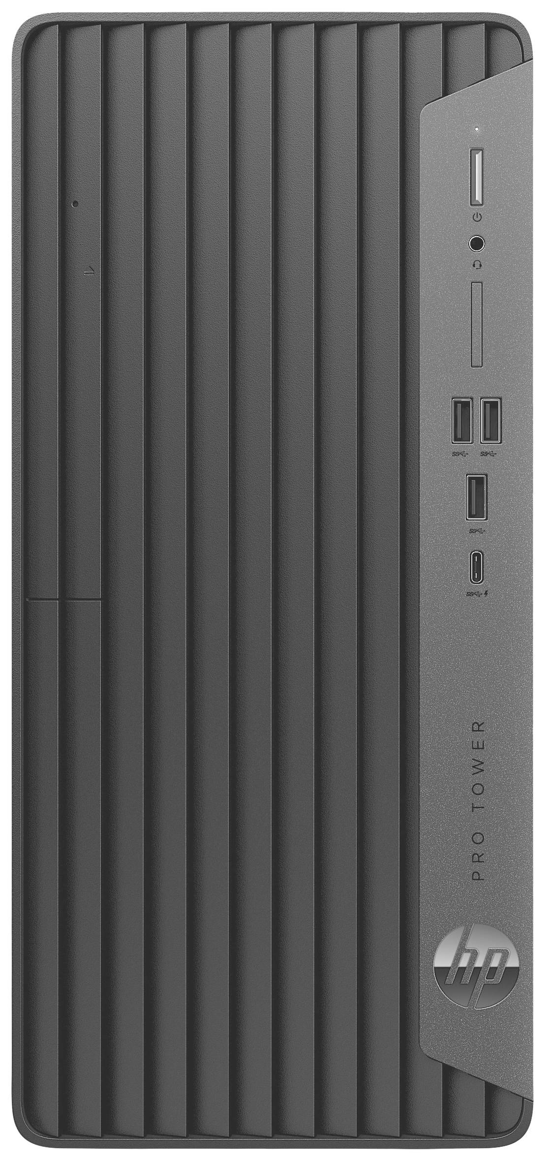 Ein schwarzer Desktop-PC-Tower mit vertikalen Rillen auf der Front. Die Frontplatte zeigt Anschlüsse und das HP-Logo.