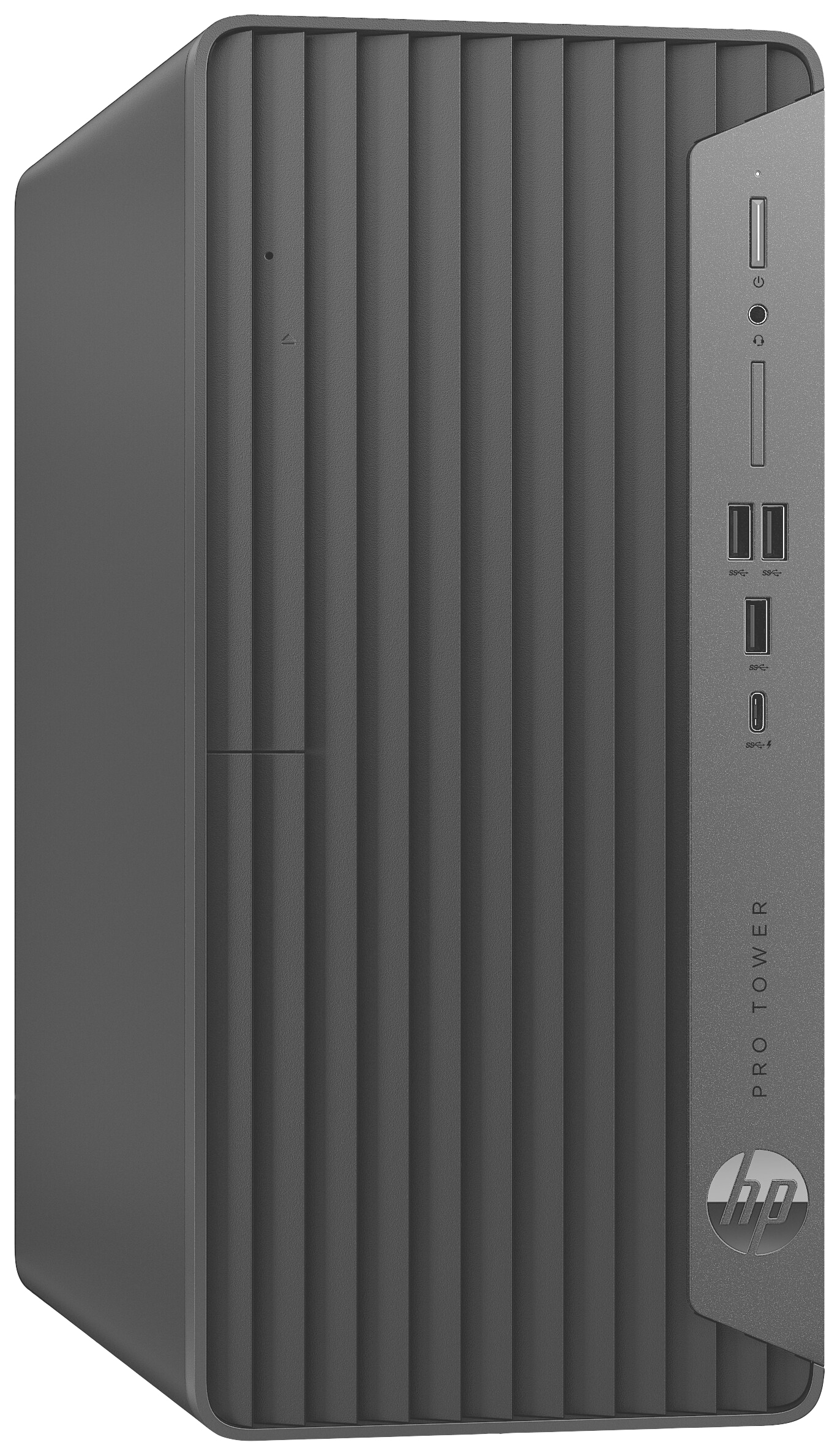 Ein grauer Desktop-Computer mit vertikal geripptem Design. Auf der Frontseite befinden sich mehrere USB-Anschlüsse und zwei Audioanschlüsse.