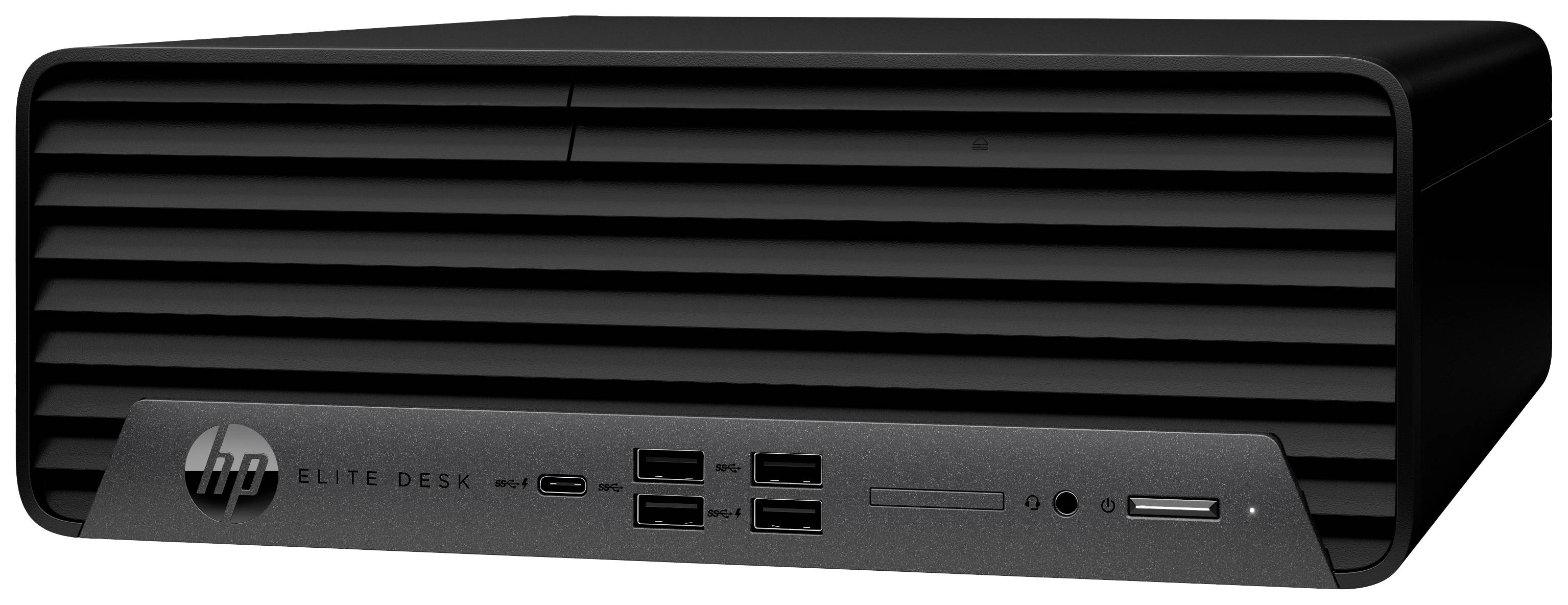 Ein schwarzer Desktop-Computer mit horizontalen Lüftungsschlitzen; Vorderseite hat USB-Anschlüsse und den Schriftzug 'HP Elite Desk'.
