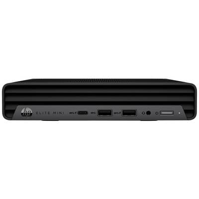 Ein schwarzer HP Elite Mini-PC mit mehreren Anschlüssen an der Vorderseite, darunter USB-C, USB-A und ein Kopfhöreranschluss.