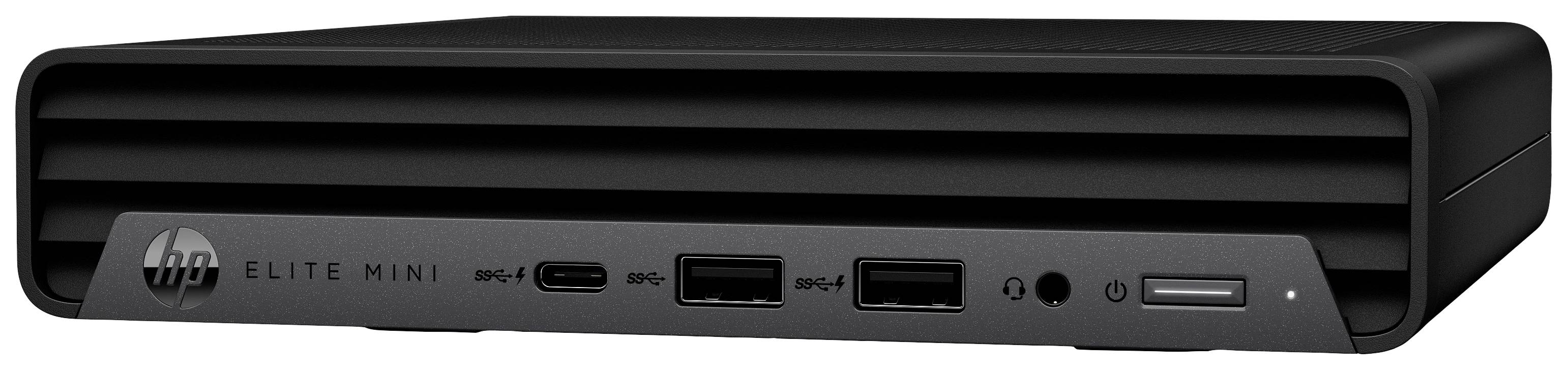 Kompakter schwarzer Mini-PC mit mehreren USB-Anschlüssen und einem Kopfhöreranschluss an der Vorderseite, trägt das Logo 'HP'.