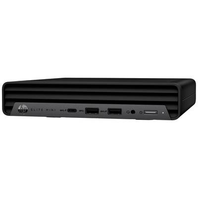 Kompakter schwarzer Mini-PC mit mehreren USB-Anschlüssen und einem Kopfhöreranschluss an der Vorderseite, trägt das Logo 'HP'.