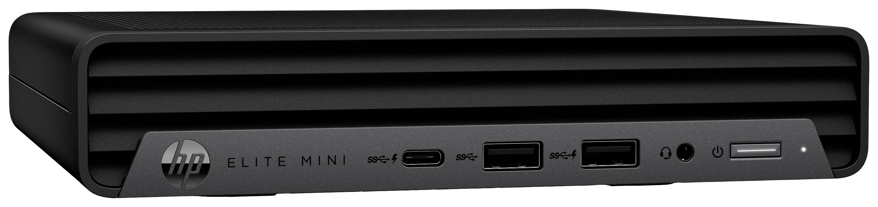 Kompakter schwarzer Mini-PC mit mehreren Anschlüssen auf der Vorderseite, darunter USB-Ports und ein Audioanschluss.