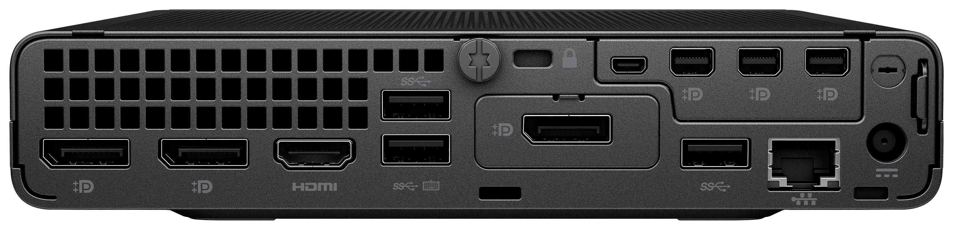 Rückseite einer Spielkonsole mit mehreren Anschlüssen: HDMI, USB, Ethernet und Stromanschluss. Lüftungsschlitze sind links sichtbar.