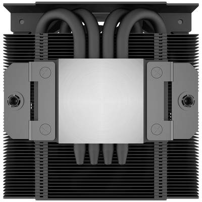 Ein schwarzer, robust aussehender CPU-Kühler mit mehreren Lamellen und Heatpipes. Geeignet für leistungsstarke Computerkühlung.