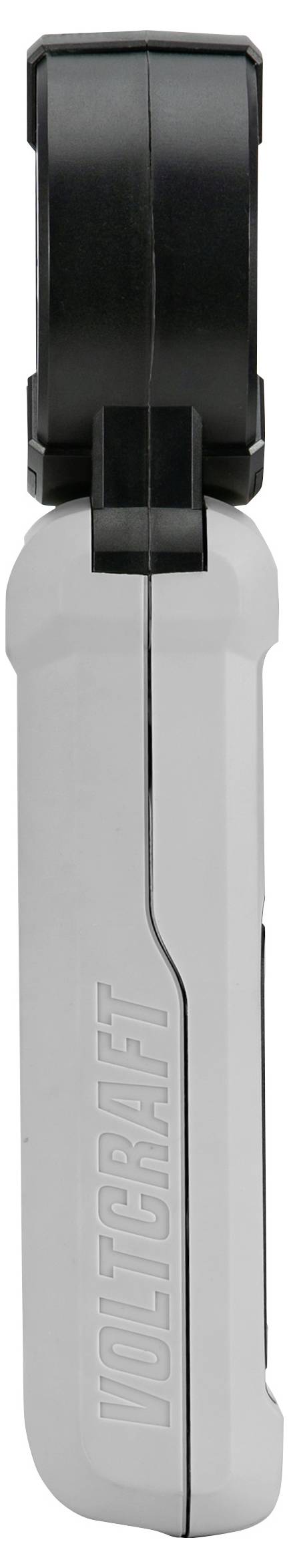 Ein tragbares elektronisches Gerät mit einer schwarzen rotierenden Komponente auf der Oberseite, auf dem grauen Gehäuse mit der Bezeichnung "Voltcraft" versehen.