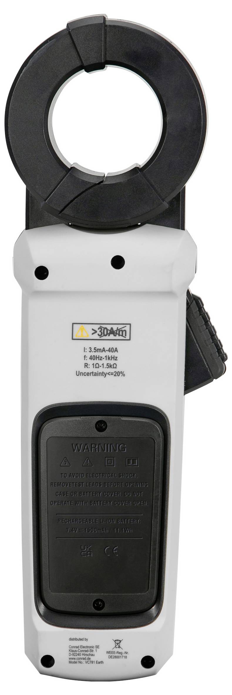 Ein tragbares elektrisches Zangenmessgerät mit kreisförmiger Klemme zur Strommessung, versehen mit einer Warnaufschrift und einem grauen Gehäuse mit schwarzen Details.