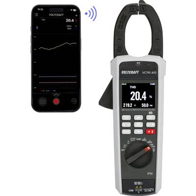 Voltcraft-Stromzange mit begleitender Smartphone-App, die einen drahtlosen Verbindung THD 20,4%, 219,2 V und 50,0 Hz anzeigt.
