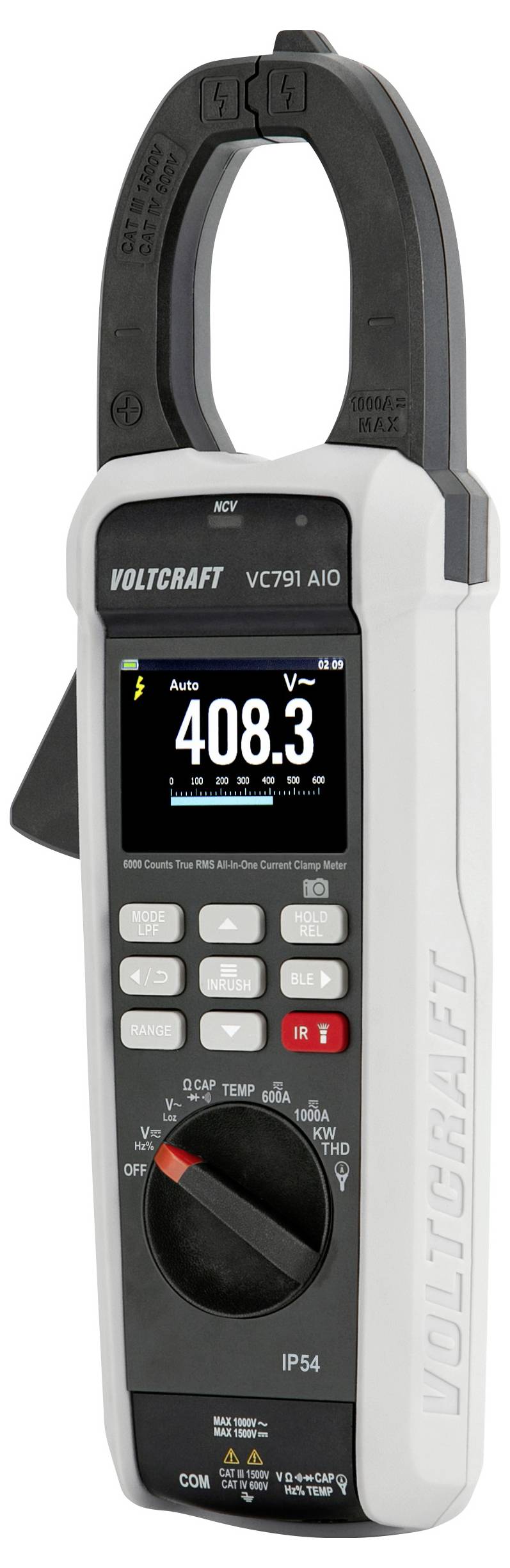 Tragbares Handmessgerät Voltcraft VC791 AIO Zangenamperemeter, das eine aktive Messung von 408,3 auf seinem Display anzeigt, mit sichtbarem Drehwahlschalter und Testschaltflächen.