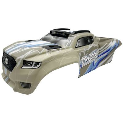 RC-Auto-Karosserie in Beige mit blauen und weißen Blitzgrafiken, Beschriftung 'Thor' an der Seite.