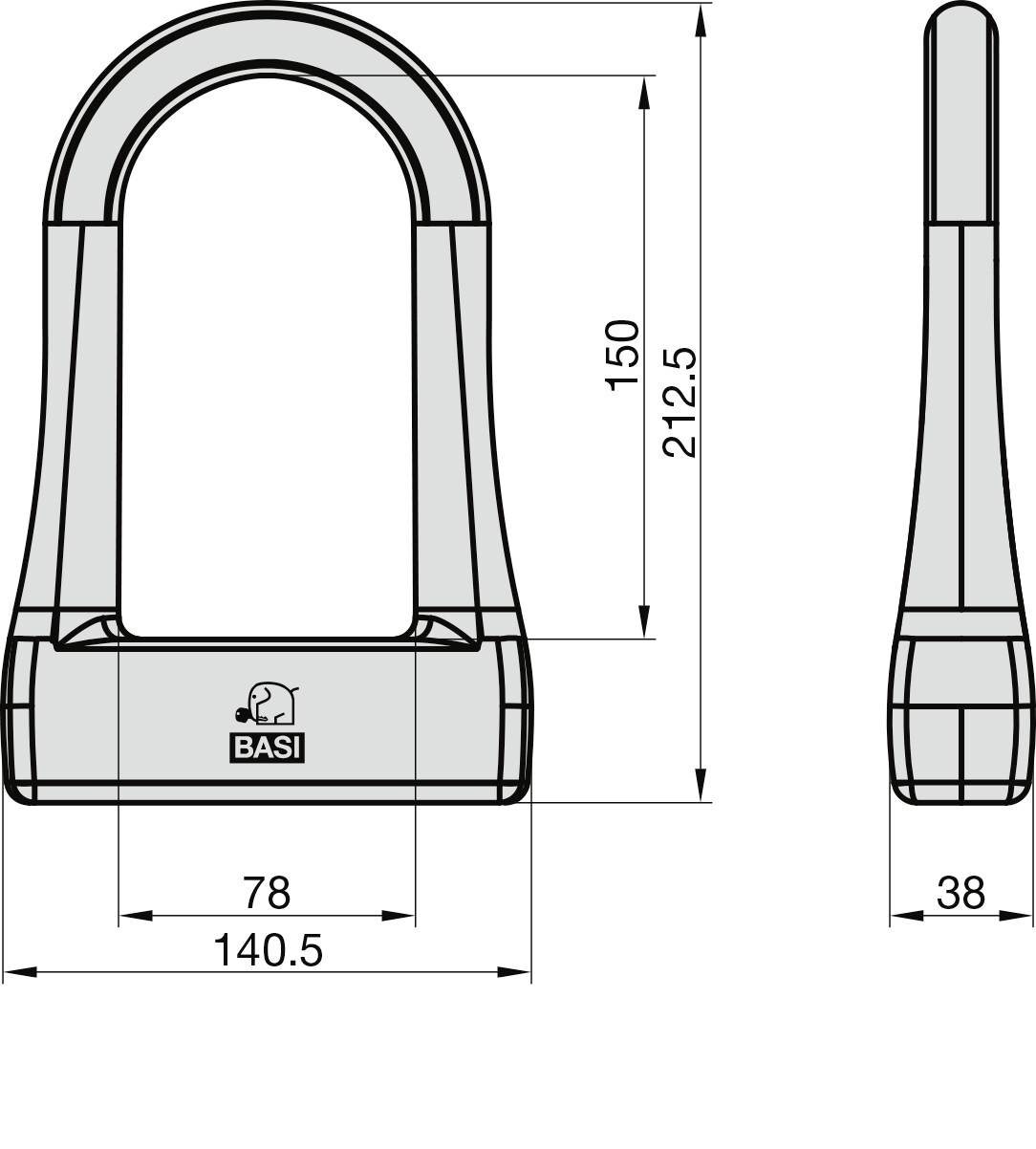 'Technische Zeichnung eines BASI-Bügelschlosses mit Maßen: Höhe 212,5 mm, Breite 140,5 mm, Bügelbreite 78 mm, Tiefe 38 mm.'