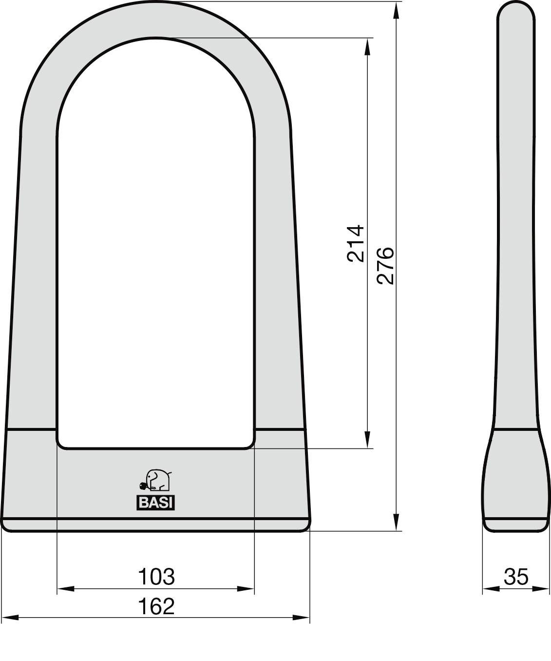 Abgebildet ist ein graues Vorhängeschloss mit Bemaßungen: Höhe 276 mm, Breite 103 mm, Tiefe 35 mm. Darunter steht das Logo 'BASI'.