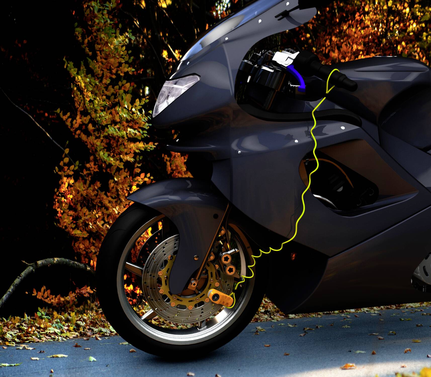 Ein dunkelgraues Motorrad wird an einem Ladegerät angeschlossen. Im Hintergrund sind herbstliche Bäume mit orangefarbenen Blättern zu sehen.