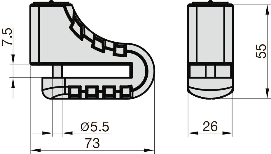 Technische Zeichnung eines Bauteils mit Maßen: Höhe 55 mm, Breite 73 mm, Durchmesser 5,5 mm. Draufsicht und Seitenansicht.