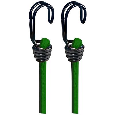 Zwei grüne elastische Spannseile mit schwarzen Haken an den Enden, verwendet zum sicheren Befestigen oder Zusammenhalten von Gegenständen.