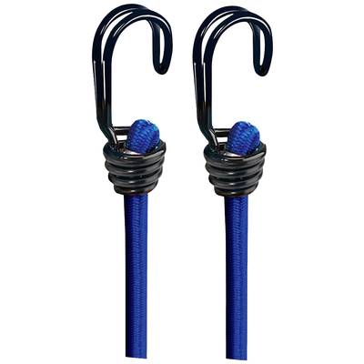 Zwei blaue Spanngummis mit Haken an den Enden. Die Haken sind schwarz und aus Metall. Sie werden meist zur Sicherung von Gegenständen verwendet.