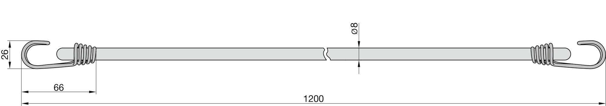 Gummispanner mit Haken an beiden Enden; Länge 1200 mm, Breite 8 mm.