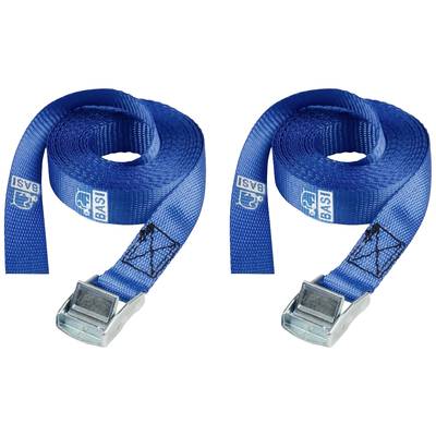Zwei blaue Spanngurte mit Metallklemmen, aufgerollt, nebeneinander liegend.