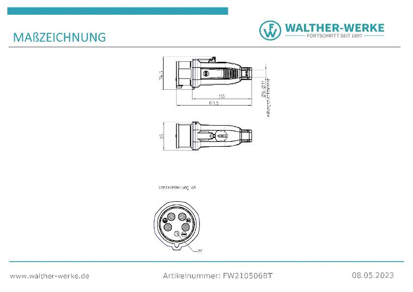 'Maßzeichnung eines elektrischen Steckverbinders von Walther-Werke, seitlich und von vorn gezeigt, mit Detailmaßen.'