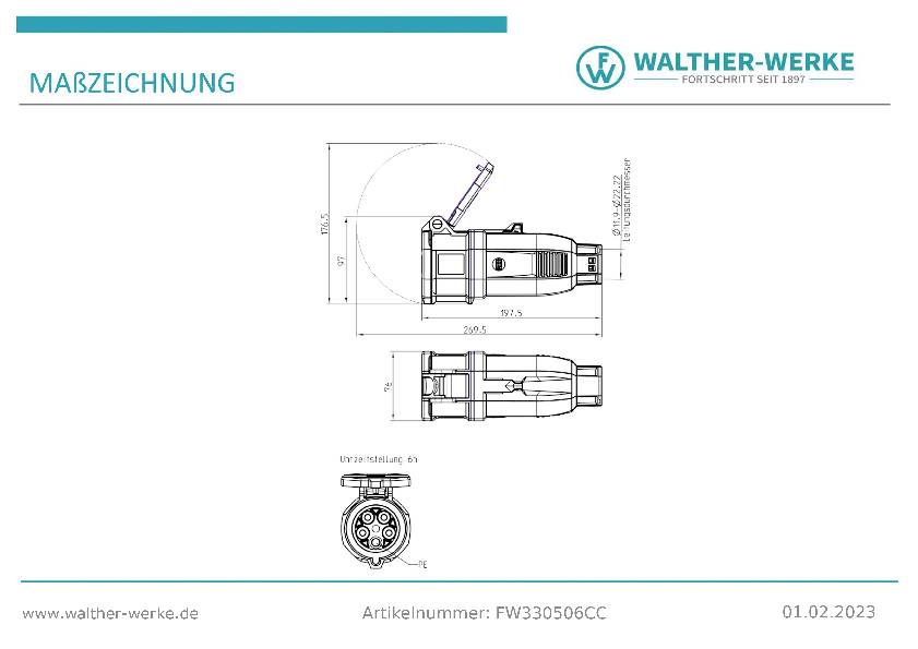 'Maßzeichnung eines Steckverbinders von Walther-Werke, Artikelnummer: FW330506CC, zeigt Seiten- und Frontalansicht mit Abmessungen.'