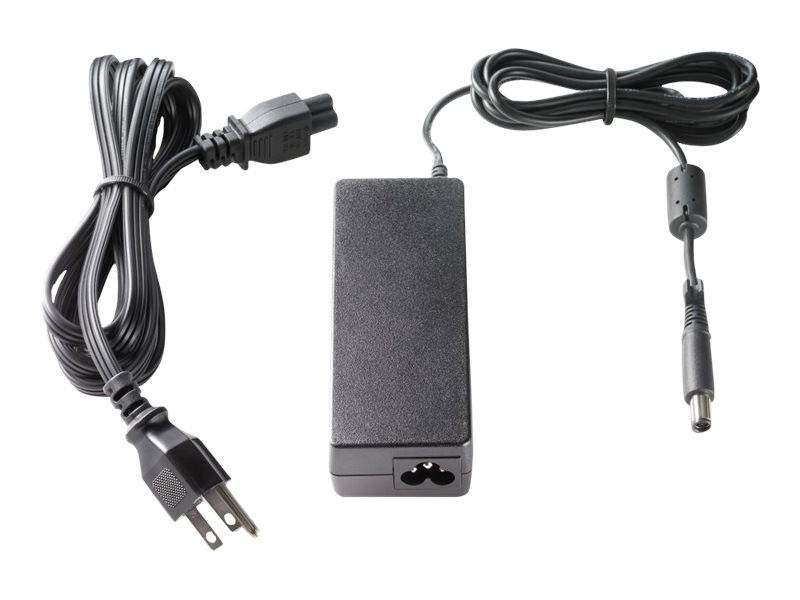 Ein schwarzes Netzteil mit zwei Kabeln, eines mit einem dreipoligen Stecker und das andere mit einem runden Anschlussstecker.