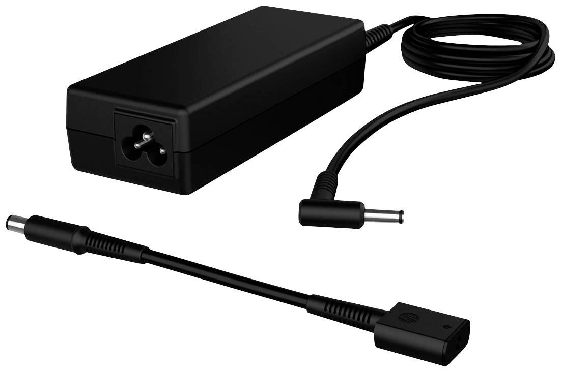 Schwarz glänzendes Laptop-Netzteil mit abnehmbarem Netzkabel und Anschlusskabel, für tragbare Computer oder ähnliche Geräte.