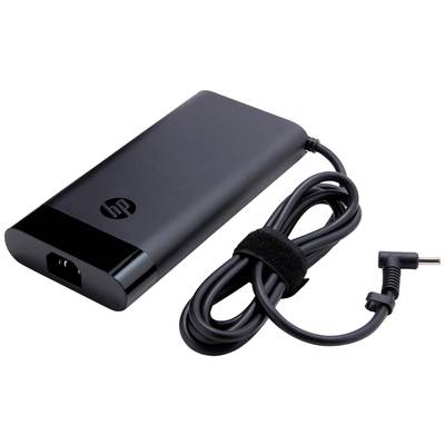 Schwarzes Laptop-Ladegerät mit Kabel und HP-Logo, rechteckige Form, zeigt Anschluss für Stromversorgung rechts neben dem Gerät.