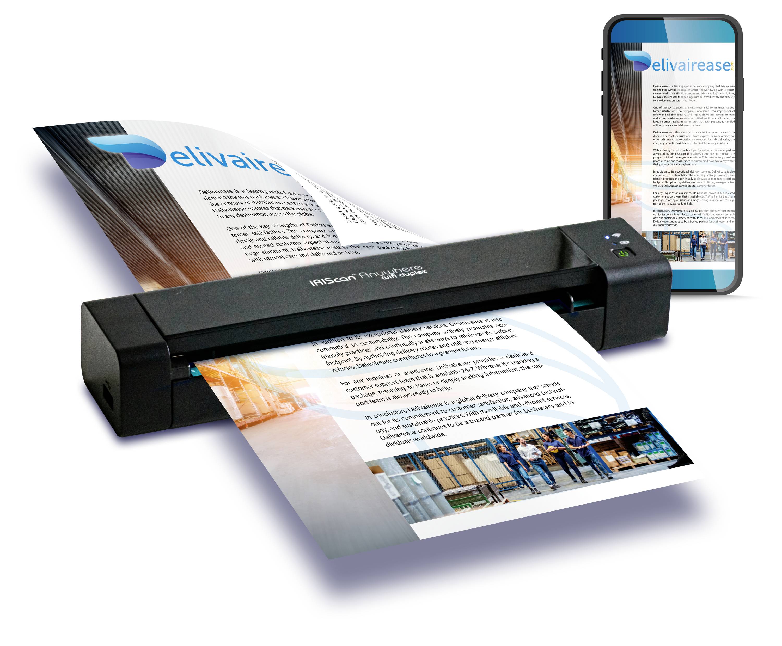 Ein tragbarer Scanner scannt ein Dokument von 'elivaire' mit einem Handy im Hintergrund, das das gescannte Dokument anzeigt.