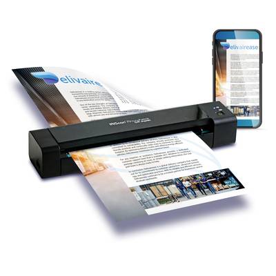Ein tragbarer Scanner scannt ein Dokument von 'elivaire' mit einem Handy im Hintergrund, das das gescannte Dokument anzeigt.