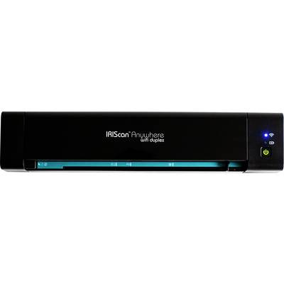 Tragbarer Scanner IRIScan Anywhere mit WLAN-Funktion, schwarzes Gehäuse, Tasten für Betrieb und WLAN, geeignet für mobiles Scannen.