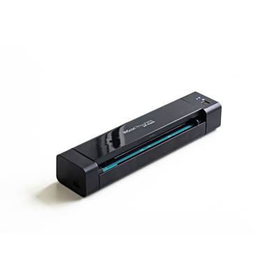 Ein kompakter, schwarzer Dokumentenscanner auf weißem Hintergrund. Gerät ist eingeschaltet und bereit zum Scannen von Dokumenten.
