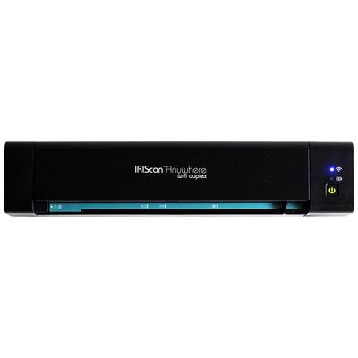 Tragbarer Scanner 'IRIScan Anywhere WiFi Duplex' in schwarzem Design, geeignet für mobiles Scannen von Dokumenten.