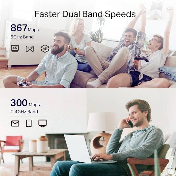 'Vier Personen jubeln auf einem Sofa. Text oben: Schnellerer Dual-Band-Geschwindigkeiten 867 Mbps 5GHz Band. Unten: 300 Mbps 2,4GHz Band. Ein Mann arbeitet am Laptop.'