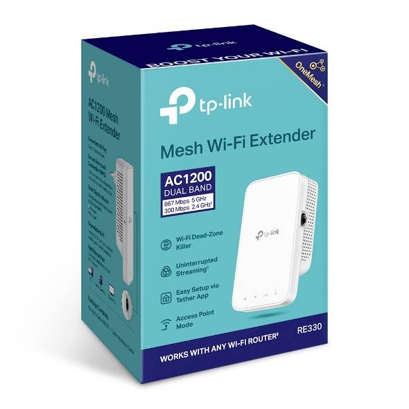 Ein 'tp-link' Mesh Wi-Fi Extender in türkisfarbener Verpackung wird gezeigt. Funktionen: Dualband, einfache Einrichtung, kompatibel mit jedem Router.