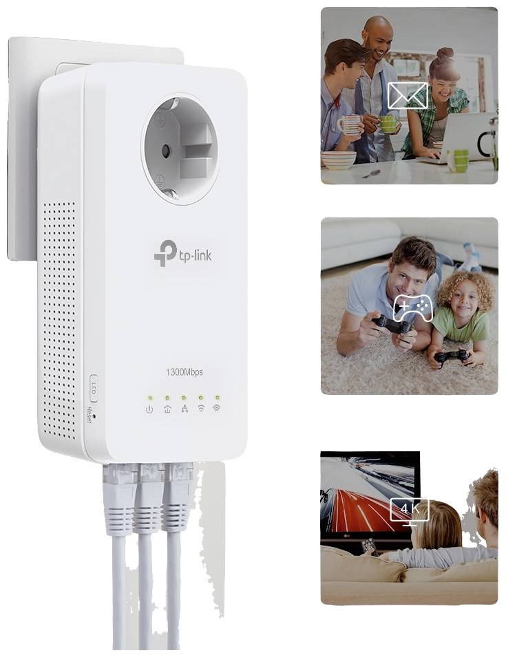 Ein TP-Link Powerline-Adapter in einer Steckdose. Rechts sind drei Fotos: Menschen mit Smartphone, Menschen beim Gaming und ein 4K-Fernseher.